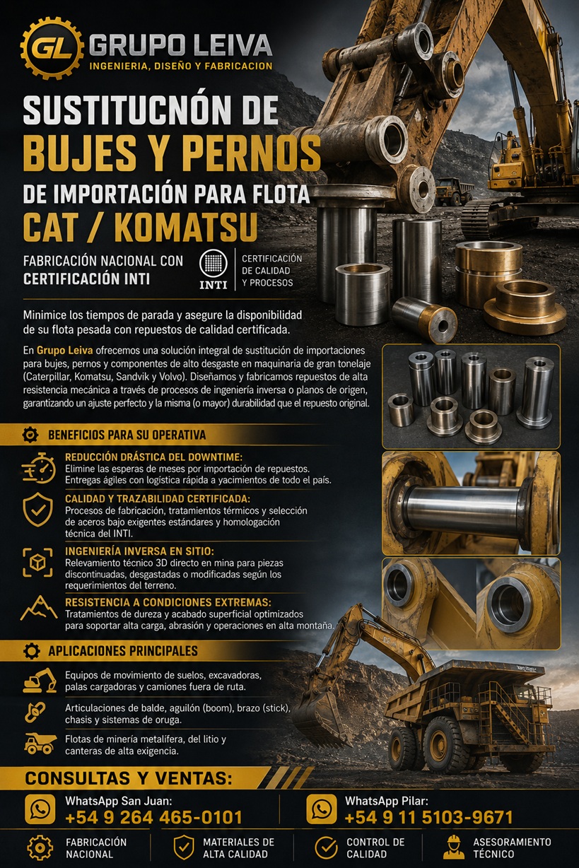 Sustitución de Bujes y Pernos de Importación para Flota CAT / Komatsu | Fabricación Nacional con Certificación INTI